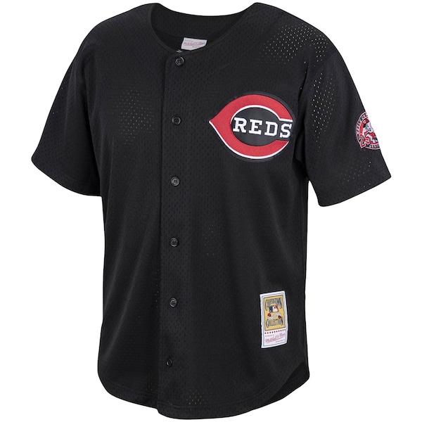 Men's Cincinnati Reds Barry Larkin Mitchell & Ness Black Cooperstown Collection Mesh Batting Practice Button-Up Jersey