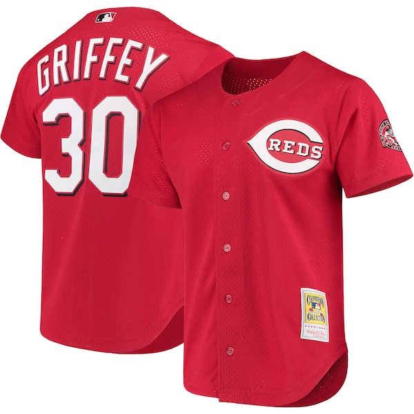 Men's Cincinnati Reds Ken Griffey Jr. Mitchell & Ness Red Cooperstown Collection Mesh Batting Practice Button-Up Jersey