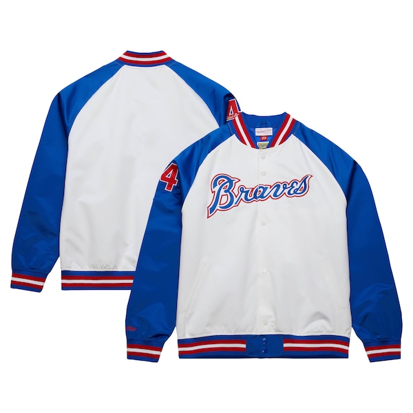 Men's Atlanta Braves Hank Aaron Mitchell & Ness White/Royal Cooperstown Collection Legends Lightweight Satin Raglan Full-Snap Jacket